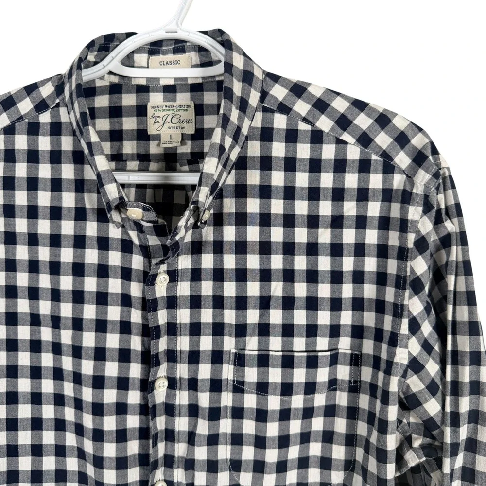 J. Crew Secret Wash Stretch Shirt Button Down Mens L Navy Gingham Organic Cotton
